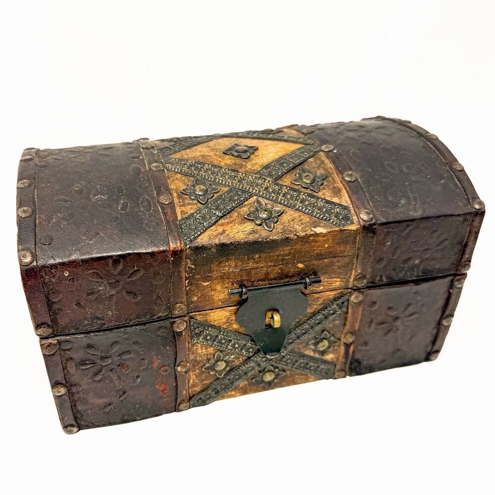 Vintage Wooden Treasure Chest Keepsake Box Embossed Wood Jewelry Trinket Storage